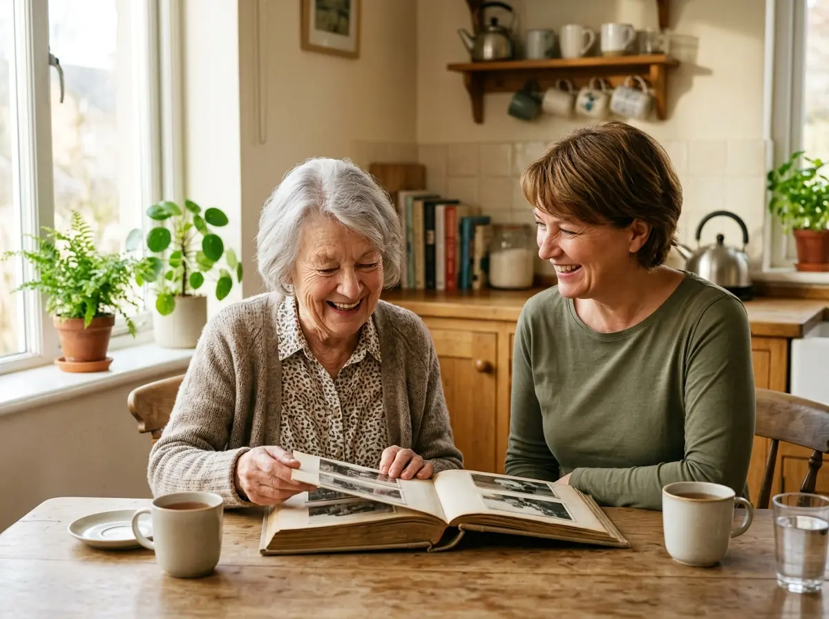Ältere Dame und Betreuerin lachen gemeinsam beim Gespräch